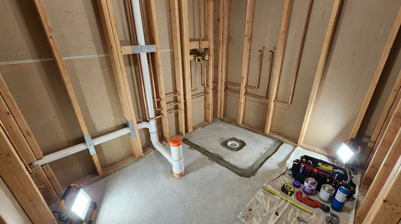 Bathroom rough-in plumbing during remodel by Johns Plumbing LLC in East Brunswick