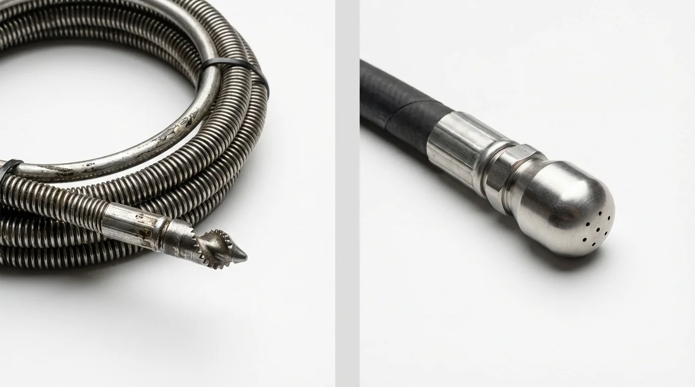 Drain snake cable and hydro jetting nozzle used for drain cleaning in East Brunswick, NJ