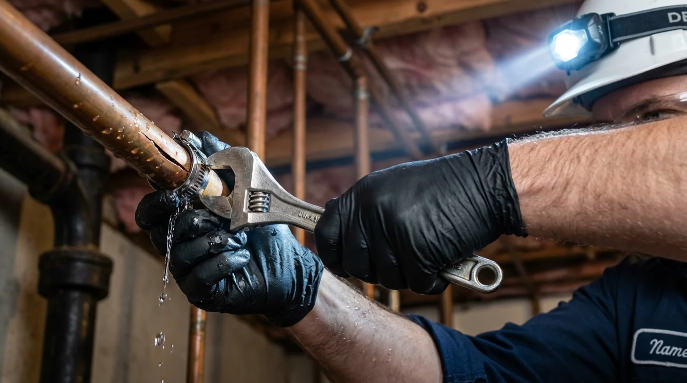 Emergency pipe clamp repair being performed by a Johns Plumbing LLC plumber in East Brunswick