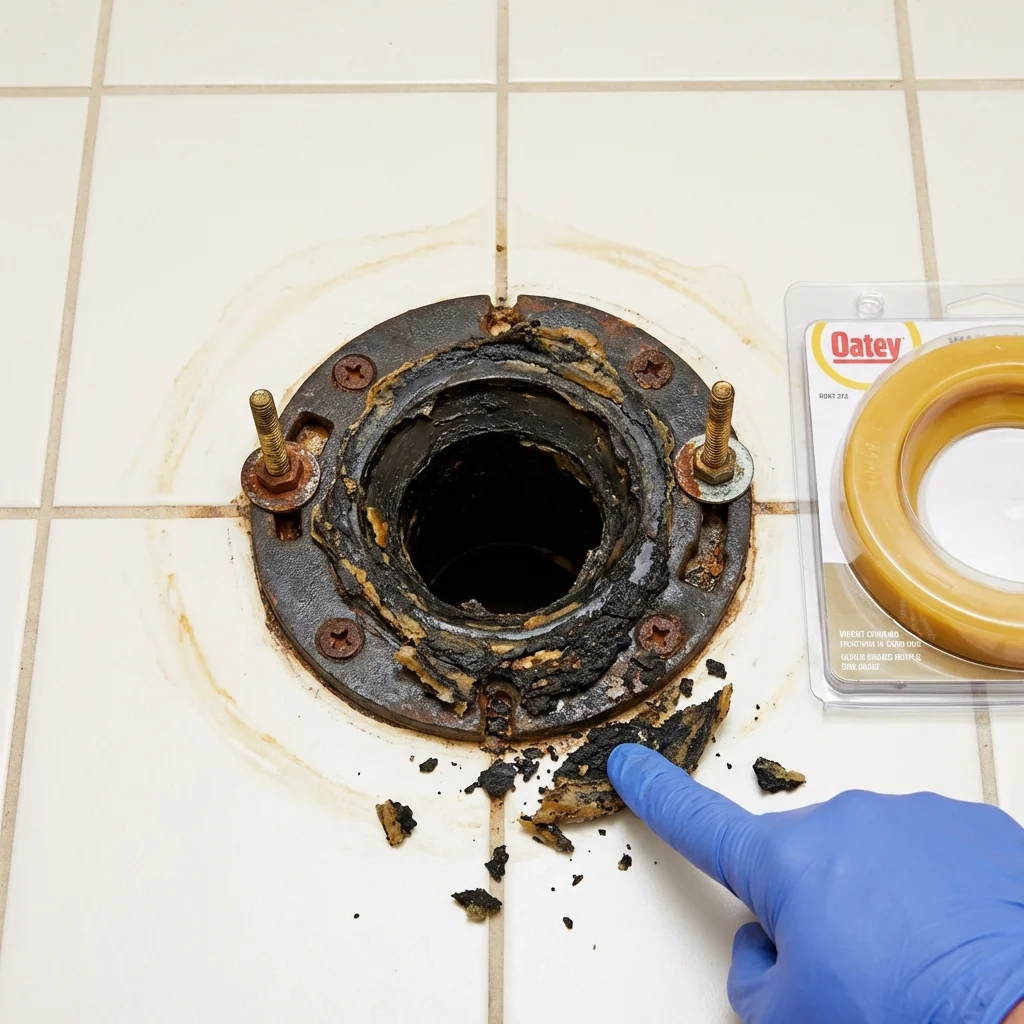 Failed wax ring showing water seepage at the base of a toilet in a East Brunswick, NJ home