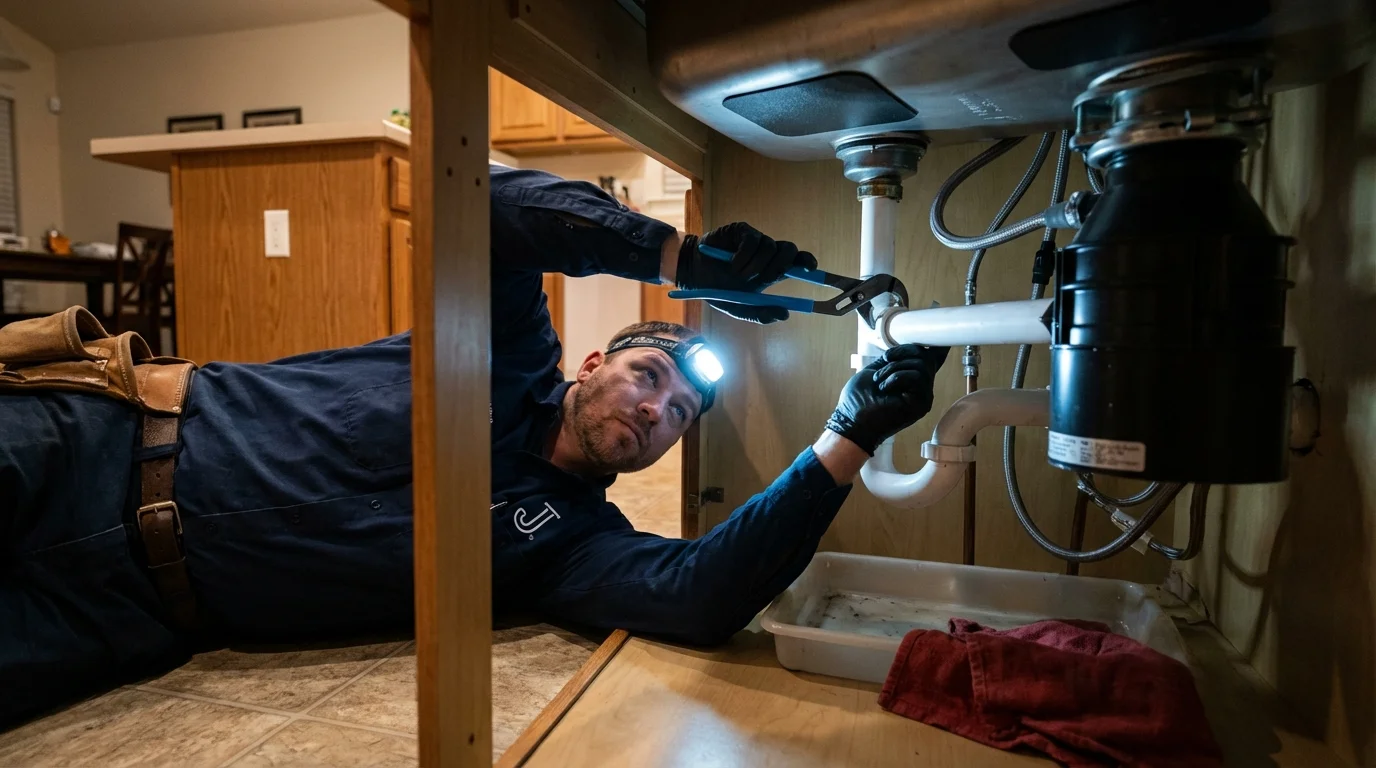 P-trap and supply line connections under a kitchen sink showing a common leak point in East Brunswick, NJ